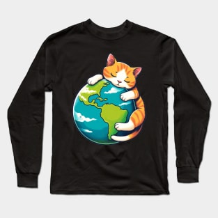 Embracing The Planet Sleeping Kitten Earth Day Globe Cat Long Sleeve T-Shirt